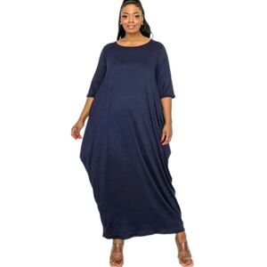 Livd Lagenlook Diana Maxi Dress Woman Plus 2X Navy USA Made Side Pockets Lounge